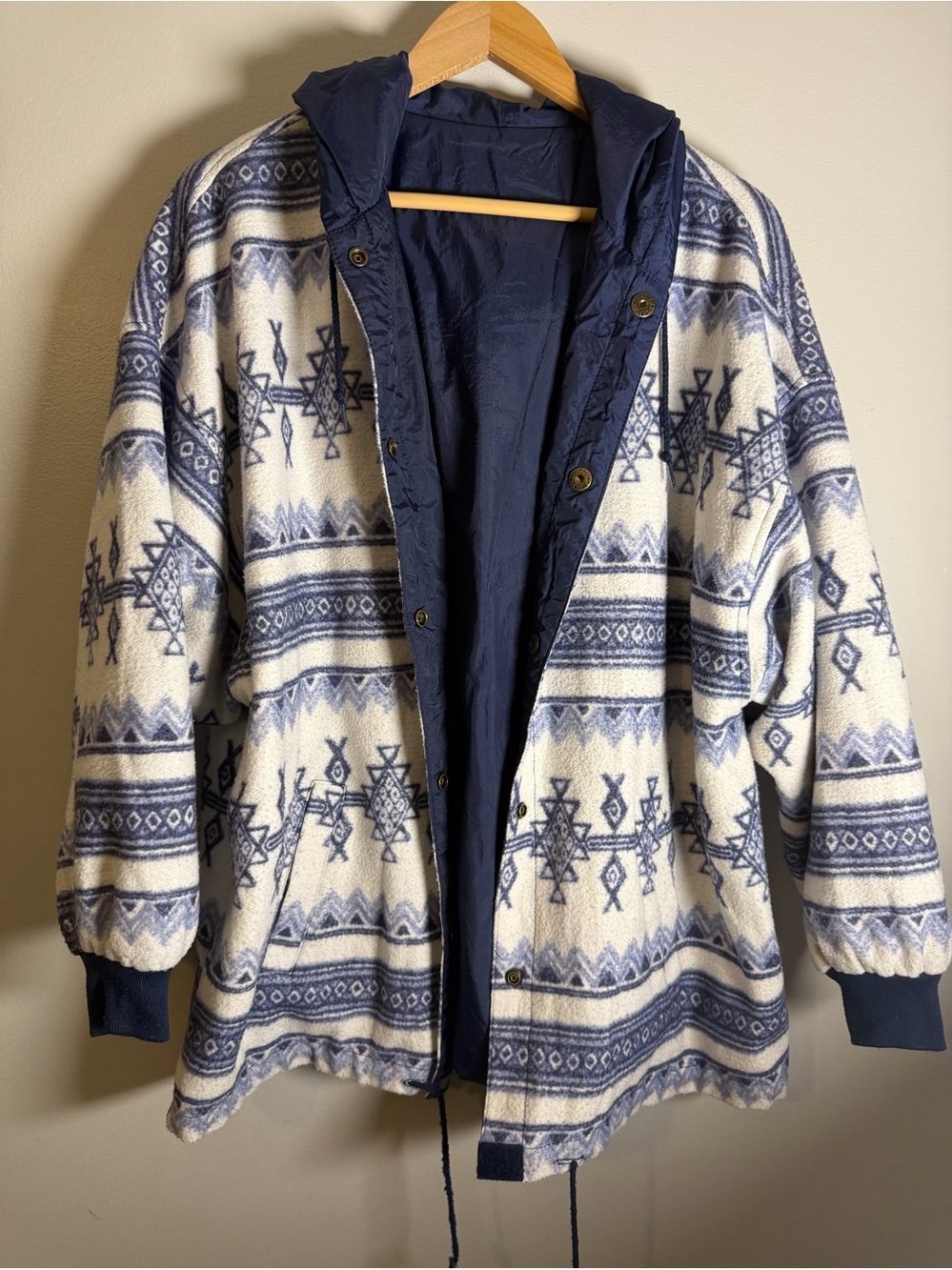 Authentic Vintage 80s 90s Blue and White Aztec Reversible Jacket, XL